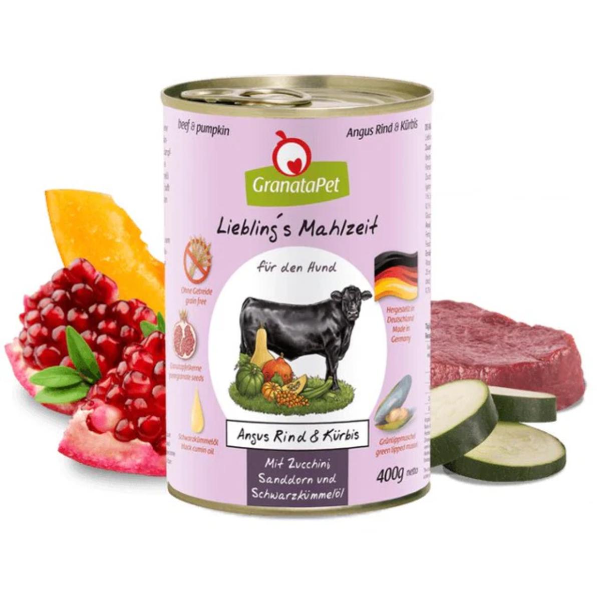 granatapet angus beef pumpkin wet dog food tin