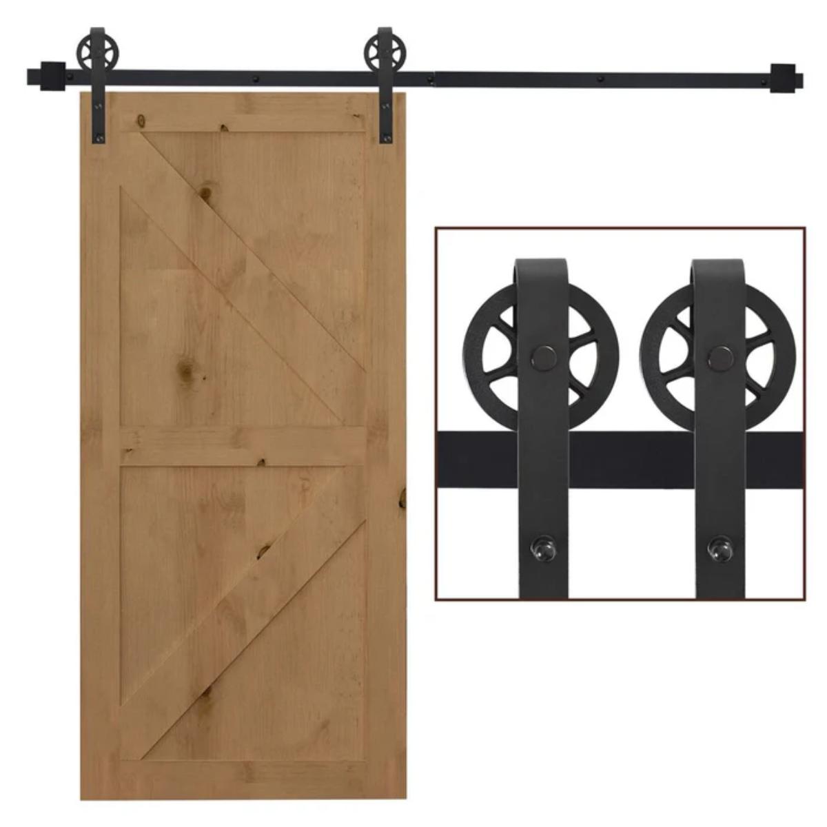Sliding Barn Door Hardware Kit – 6.6 ft black steel rail system with rollers and mounting hardware