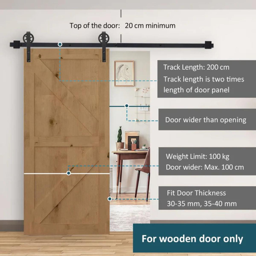 Sliding Barn Door Hardware Kit – 6.6 ft black steel rail system with rollers and mounting hardware