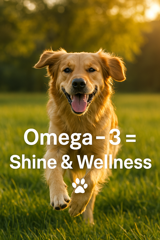 Dog running in a field with 'Omega-3 = Shine & Wellness' text overlay.