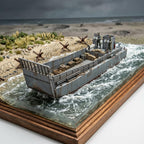 A detailed miniature model of a military landing craft on a wave-driven resin base, set against a diorama backdrop of a beach and stormy sea.