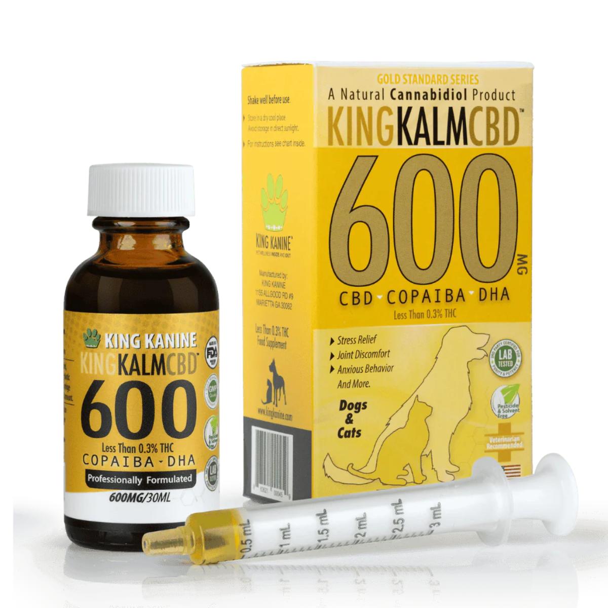 King Kalm 600mg CBD oil with Copaiba, Krill Oil & DHA bottle with syringe
