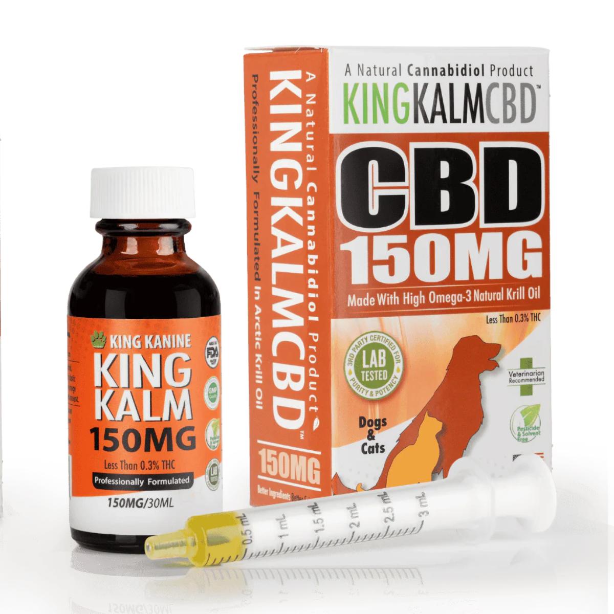 King Kanine King Kalm CBD 150mg oil bottle with oral syringe
