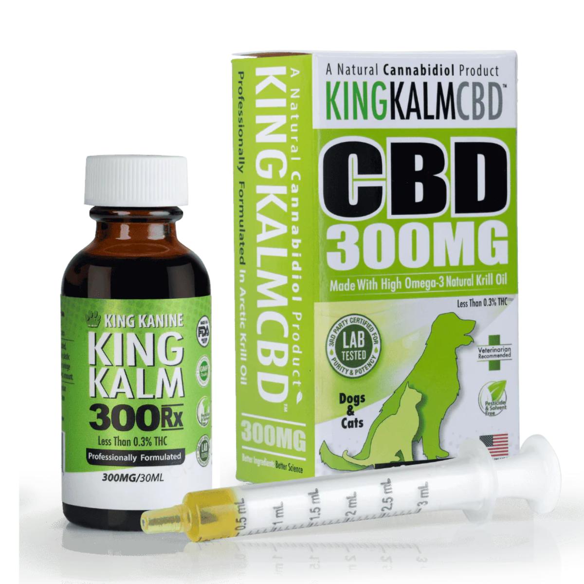King Kalm 300mg CBD oil large pet formula bottle with box
