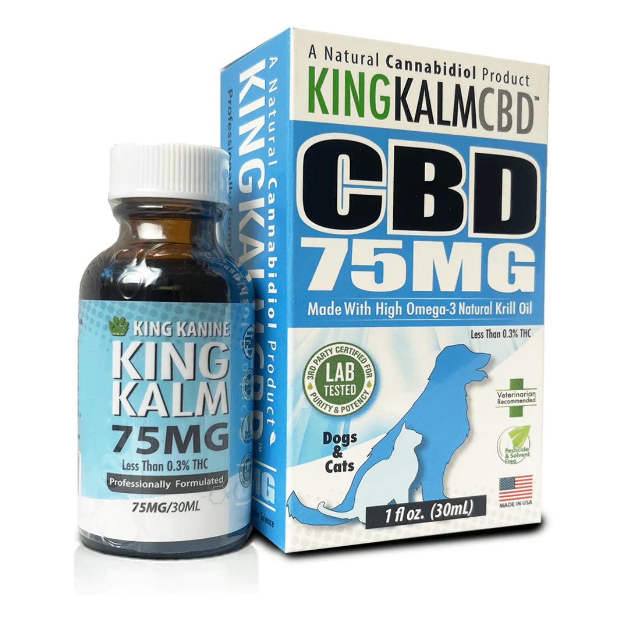 King Kalm 75 mg CBD oil small pet formula bottle and box
