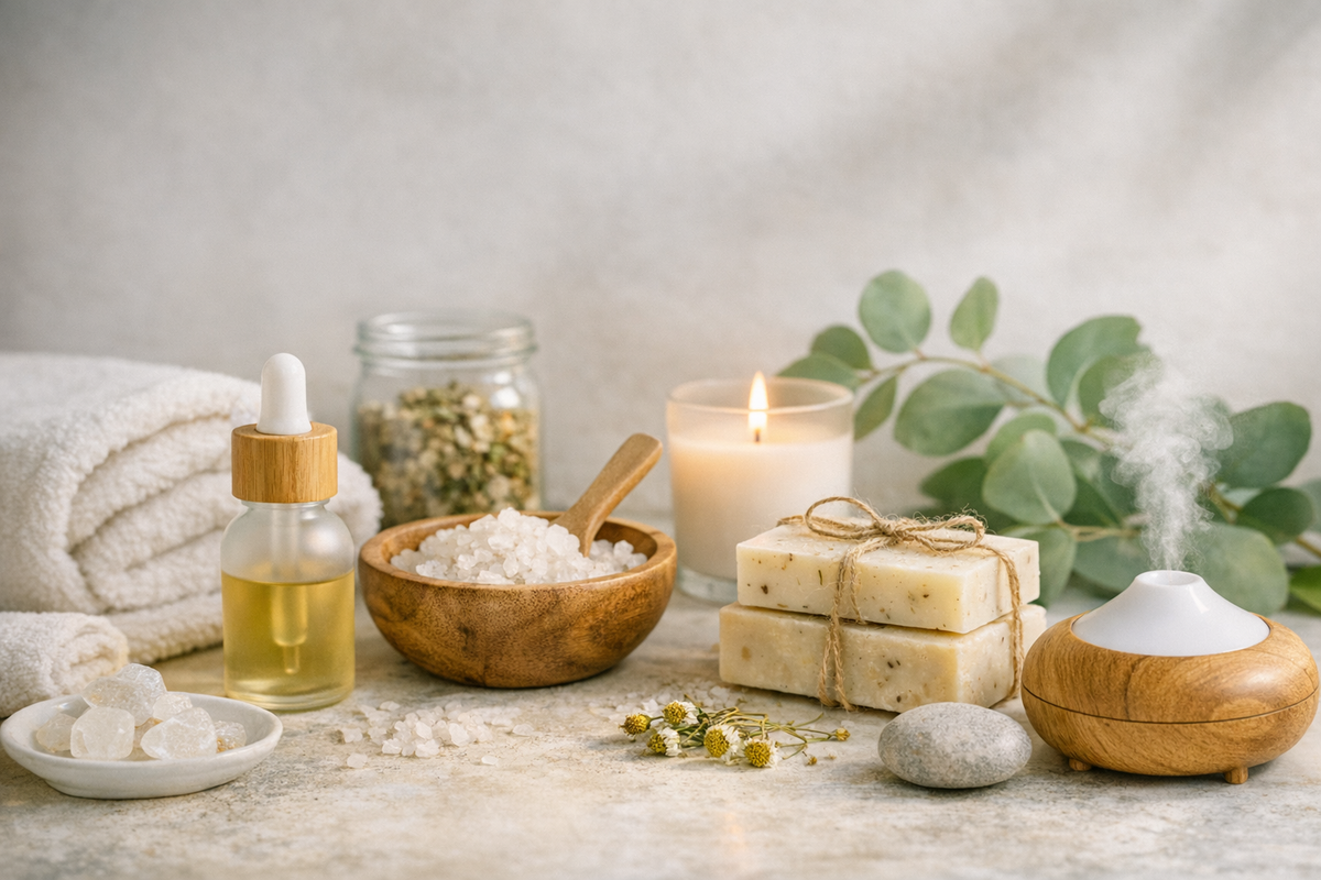 Assorted natural products including soap, candles, and herbs on a wooden surface with a soft background.