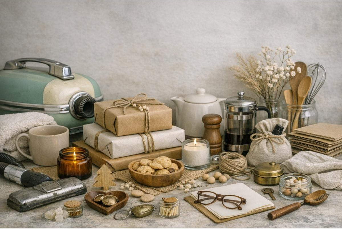 Collection of kitchen items including a kettle, teapot, and various utensils on a textured surface.
