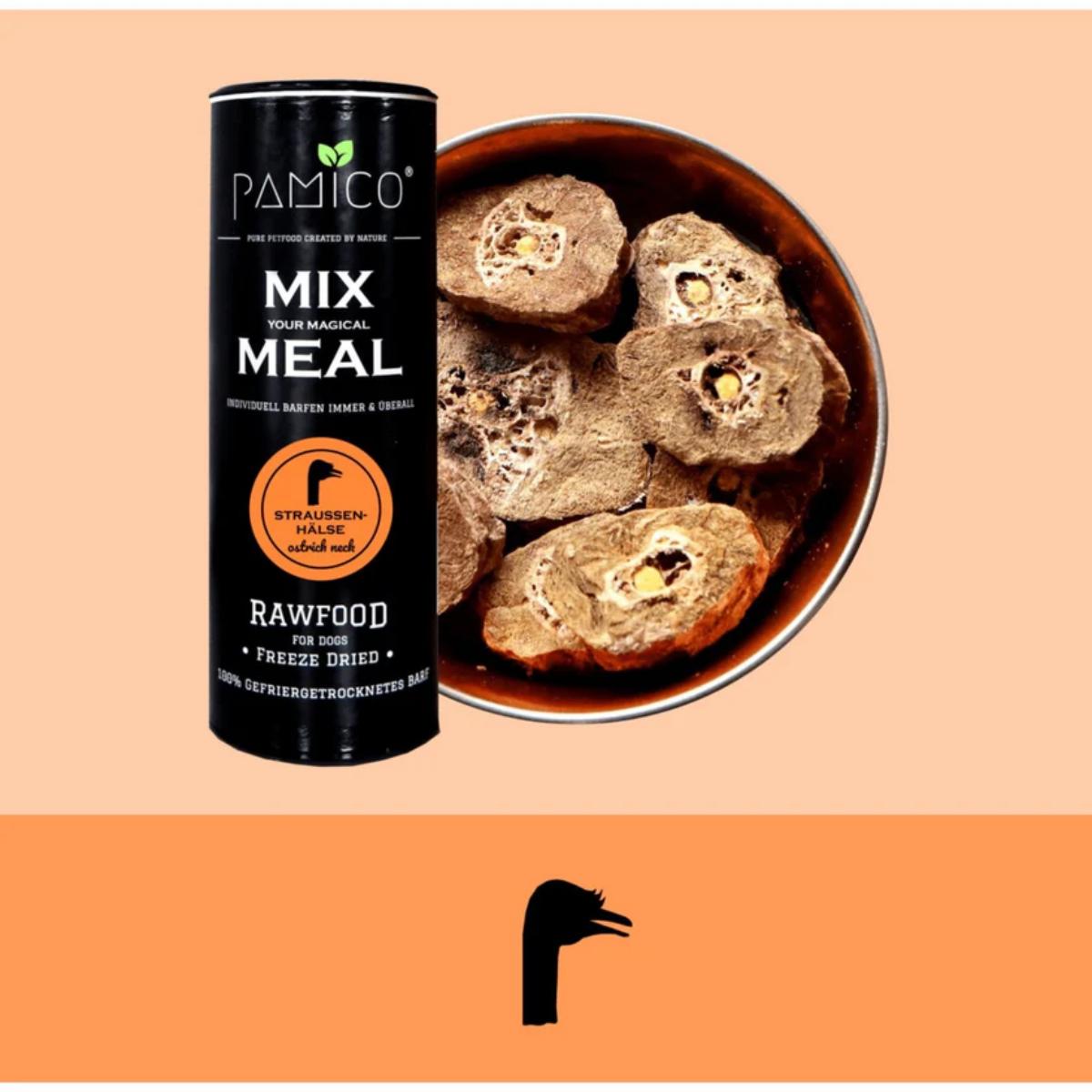 Freeze-dried ostrich neck dog treats in a 100g pack, natural high-protein chew