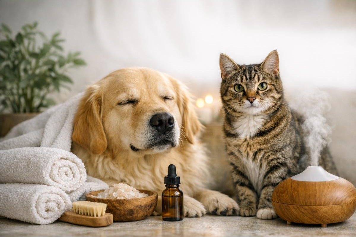 Dog and cat sitting together with pet care products on a table