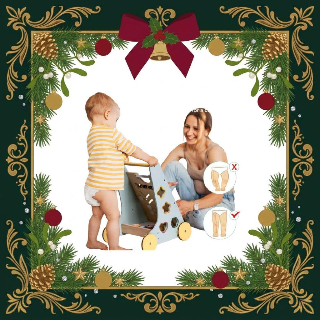 A baby wooden shape-sorting toy shown in a lifestyle setting with a toddler pushing it and a woman seated beside it, framed by a festive Christmas border with pine branches, ornaments, and a red bow. Small inset diagrams appear on the right showing leg positioning.