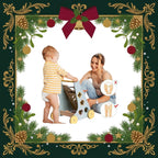 A baby wooden shape-sorting toy shown in a lifestyle setting with a toddler pushing it and a woman seated beside it, framed by a festive Christmas border with pine branches, ornaments, and a red bow. Small inset diagrams appear on the right showing leg positioning.