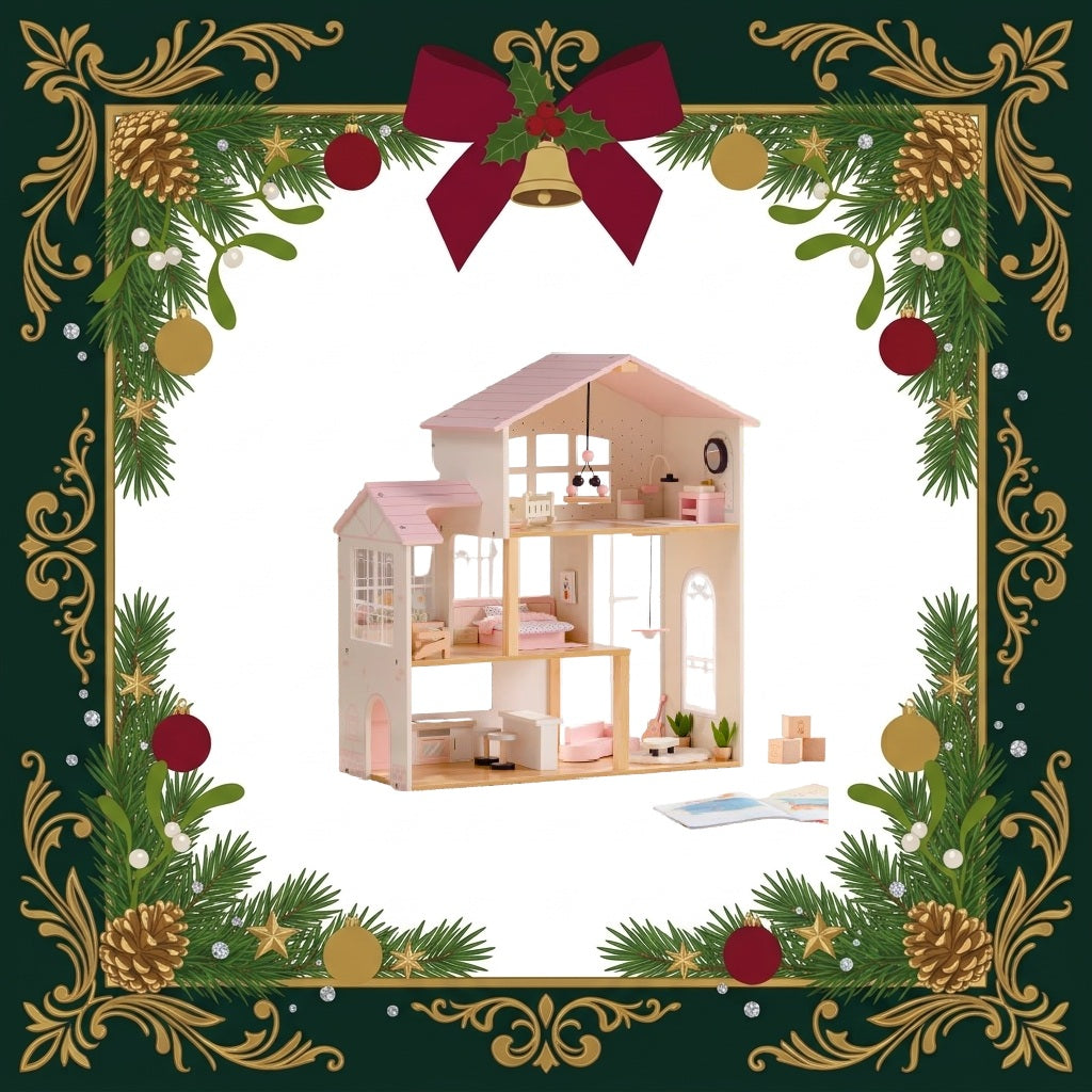 ROBUD wooden dollhouse for kids with 37-piece furniture set
