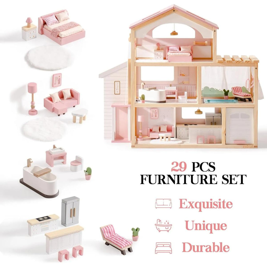 ROBUD Dreamy Pink wooden dollhouse with six rooms
