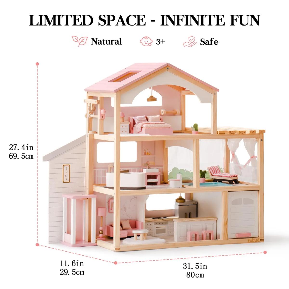ROBUD Dreamy Pink wooden dollhouse with six rooms