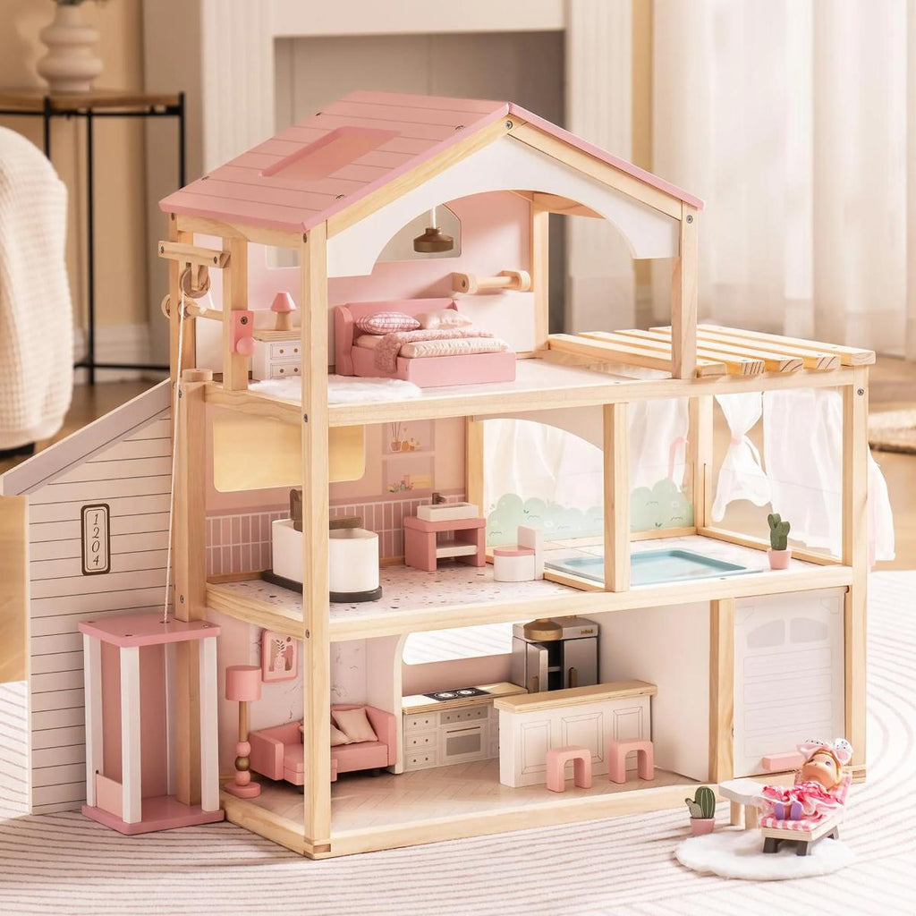 ROBUD Dreamy Pink wooden dollhouse with six rooms