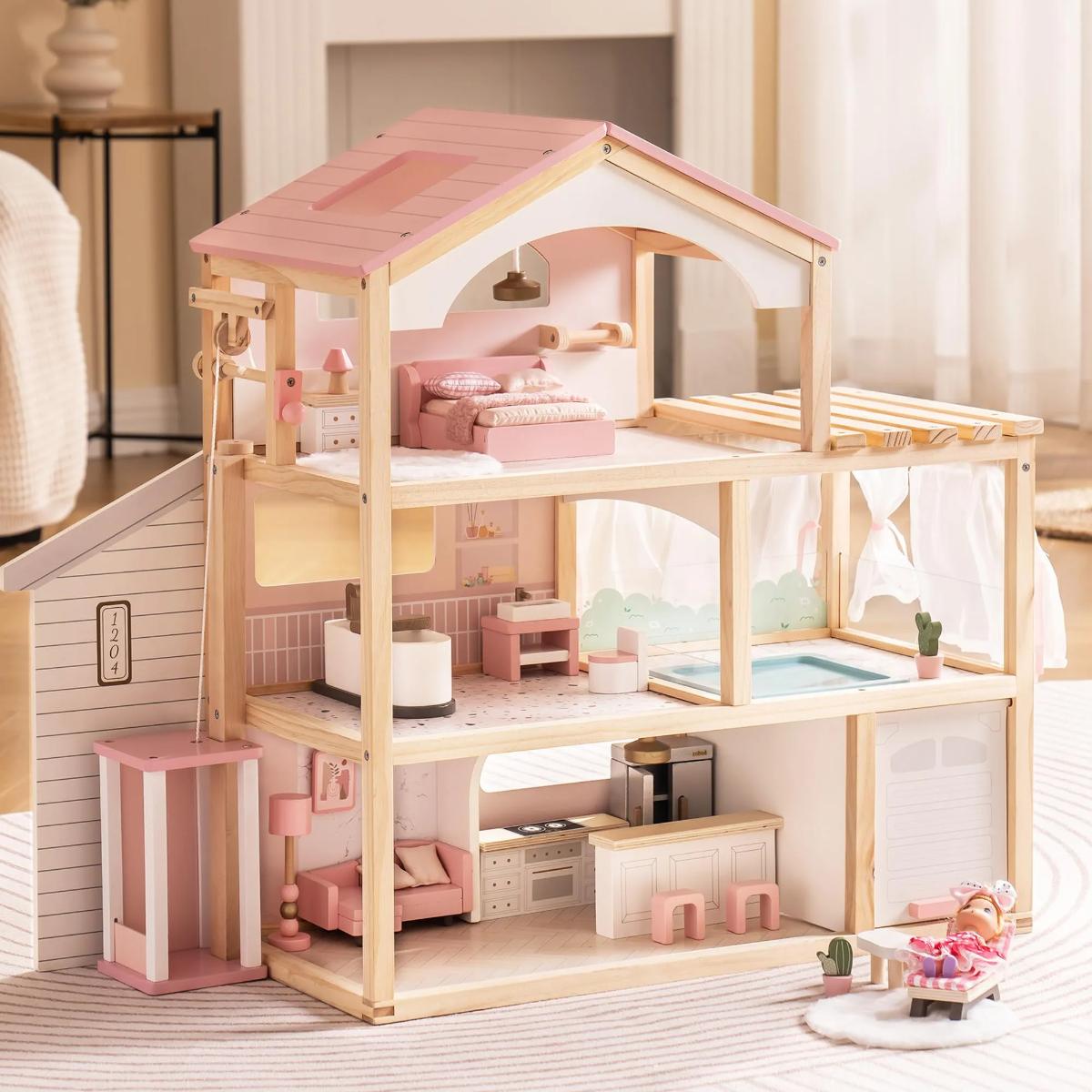 ROBUD Dreamy Pink wooden dollhouse with six rooms