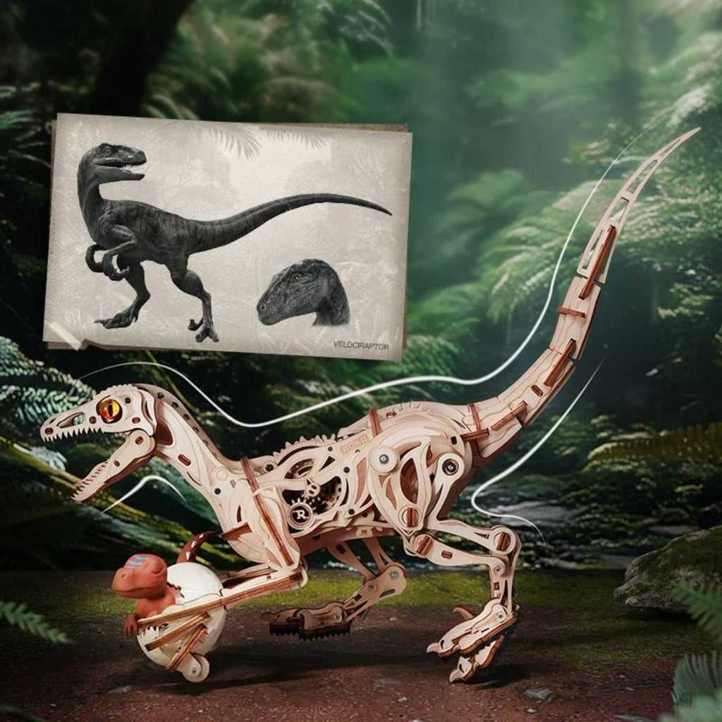 Wooden dinosaur model with mechanical joints on a prehistoric background