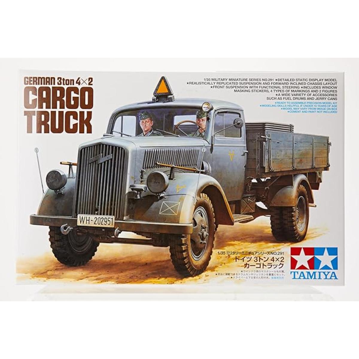 Tamiya 1:35 German 3-ton 4x2 cargo truck Opel Blitz model kit box art
