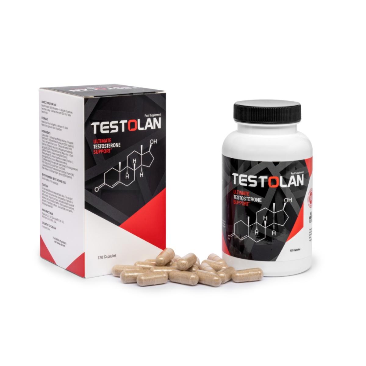 Testolan natural testosterone support supplement bottle for men