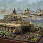 A highly detailed miniature model of a German Tiger I tank destroyer on a diorama base, surrounded by other painted tanks and soldiers in a misty, war-torn landscape.