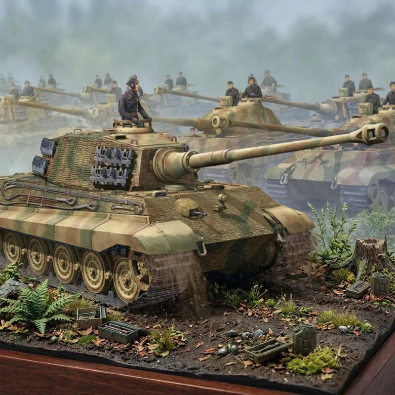 A highly detailed miniature model of a German Tiger I tank destroyer on a diorama base, surrounded by other painted tanks and soldiers in a misty, war-torn landscape.