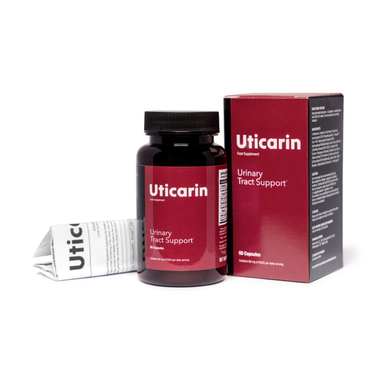 Uticarin urinary tract support supplement bottle with natural ingredients
