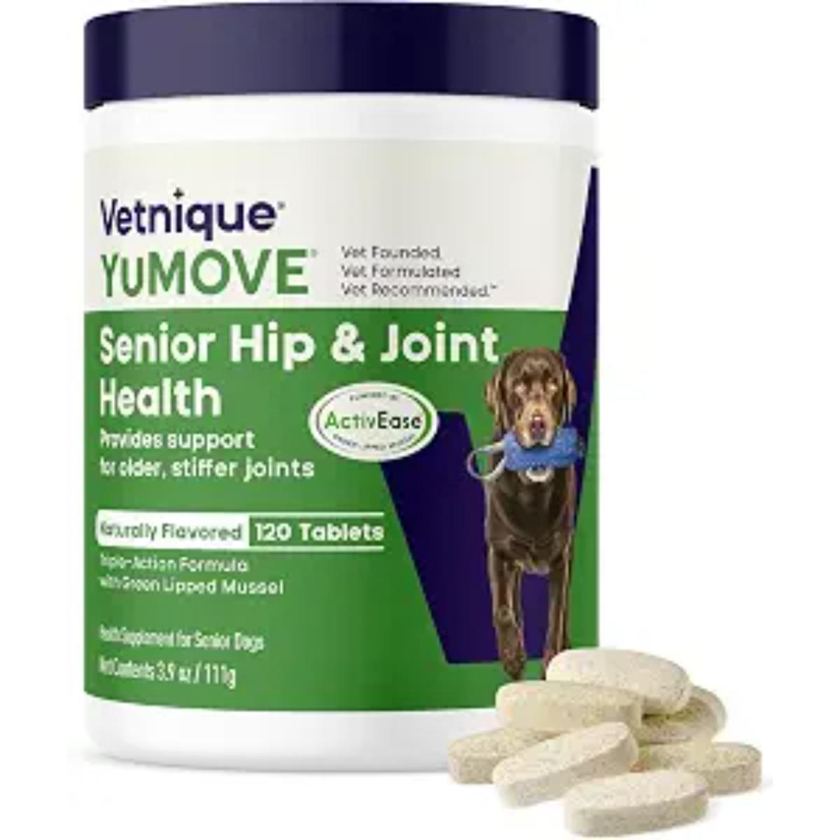 YuMOVE Senior Dog Hip & Joint Supplement, 120 tablets in its green and white packaging
