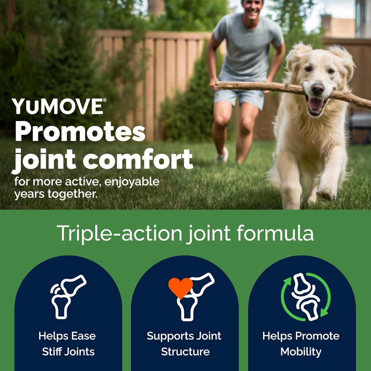 Man playing fetch with a dog in a backyard, promoting YUMOVE joint supplement.