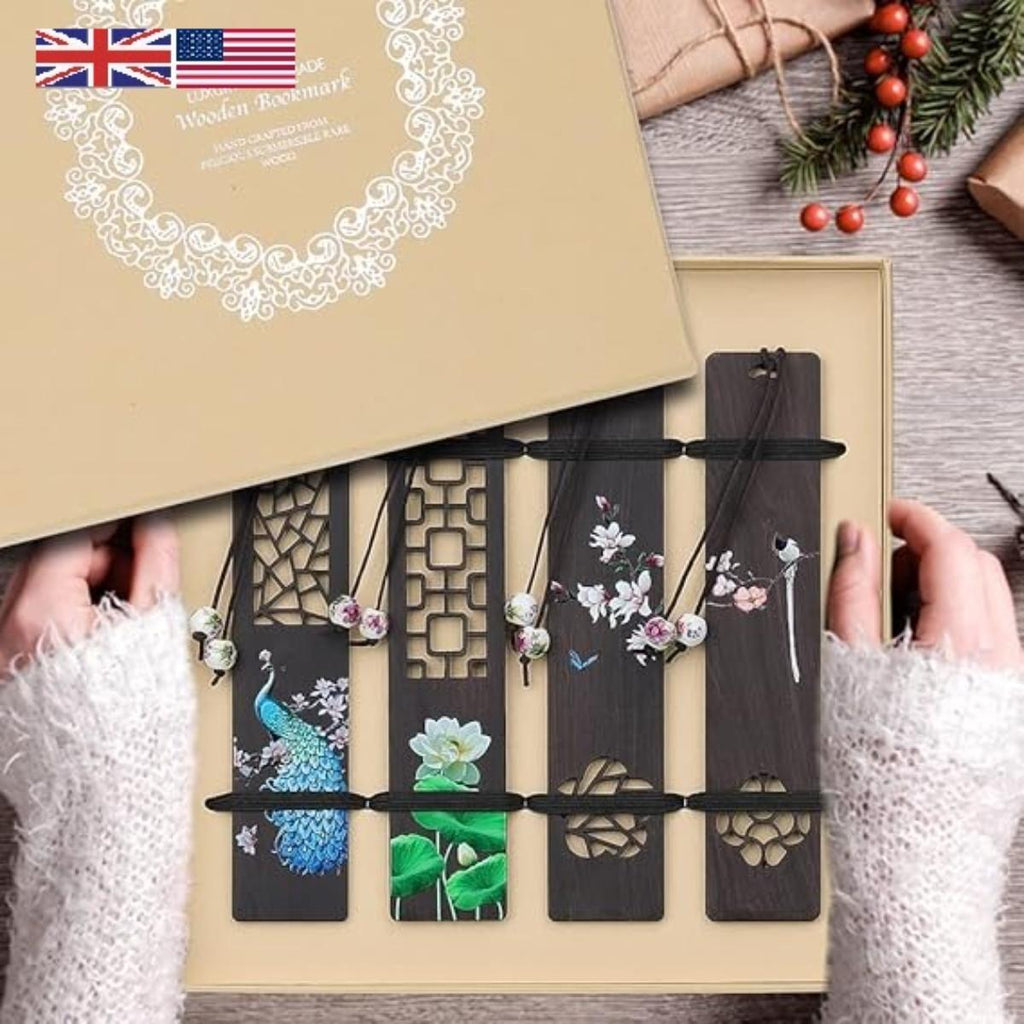 ZIZZON handmade wooden bookmarks set with peacock and lotus designs in gift box