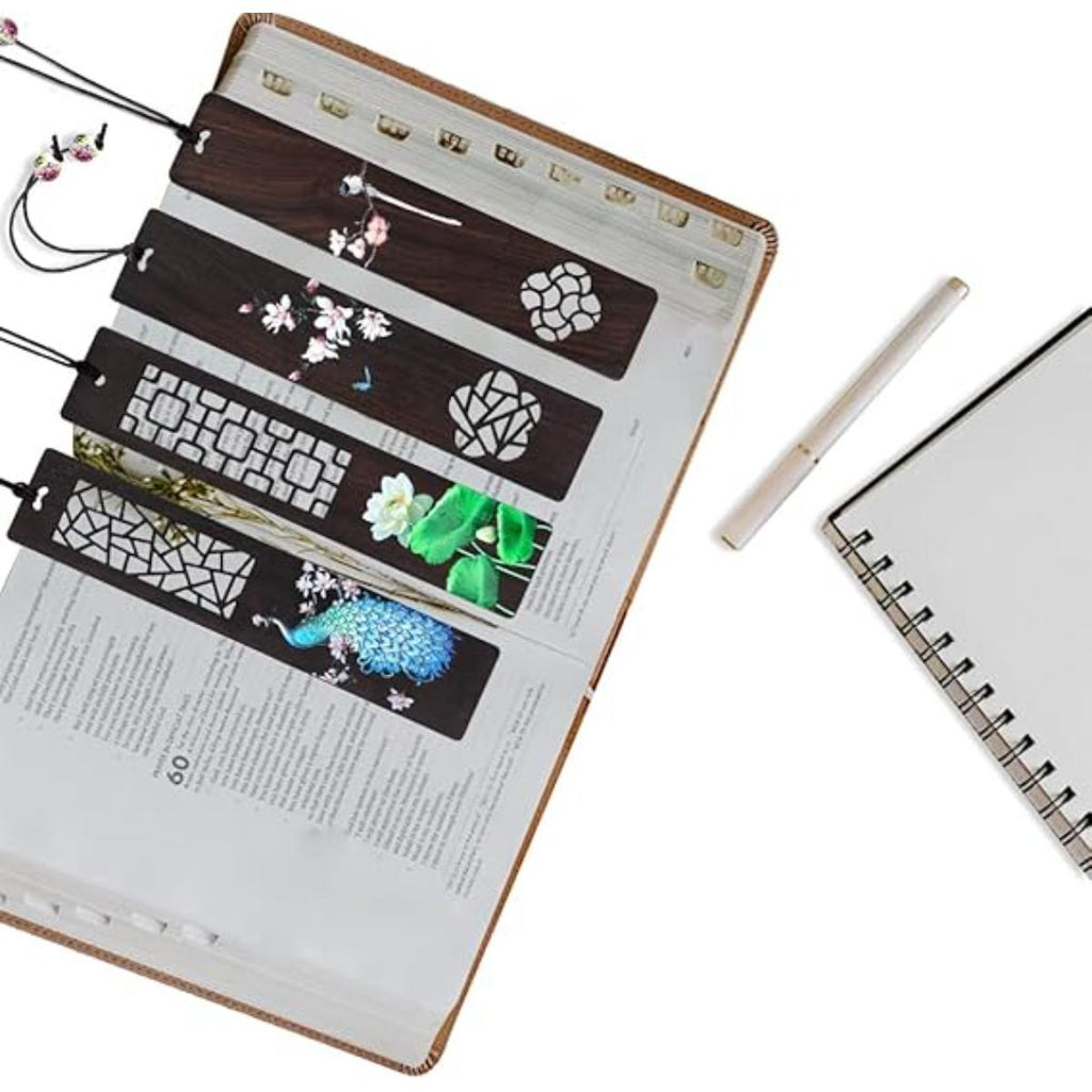 ZIZZON handmade wooden bookmarks set with peacock and lotus designs in gift box