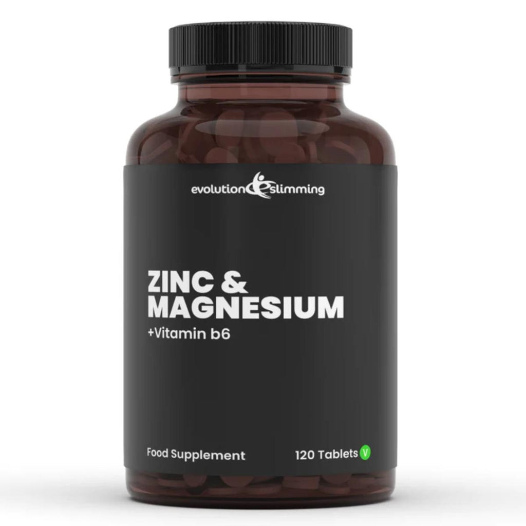 Evolution Slimming Zinc & Magnesium with Vitamin B6 tablets bottle displayed for muscle, immune, and wellness support