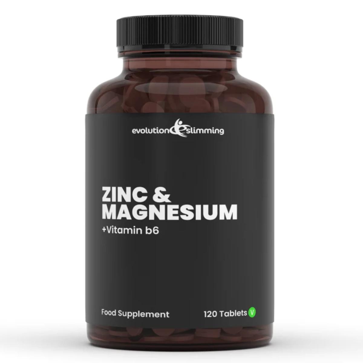 Evolution Slimming Zinc & Magnesium with Vitamin B6 tablets bottle displayed for muscle, immune, and wellness support