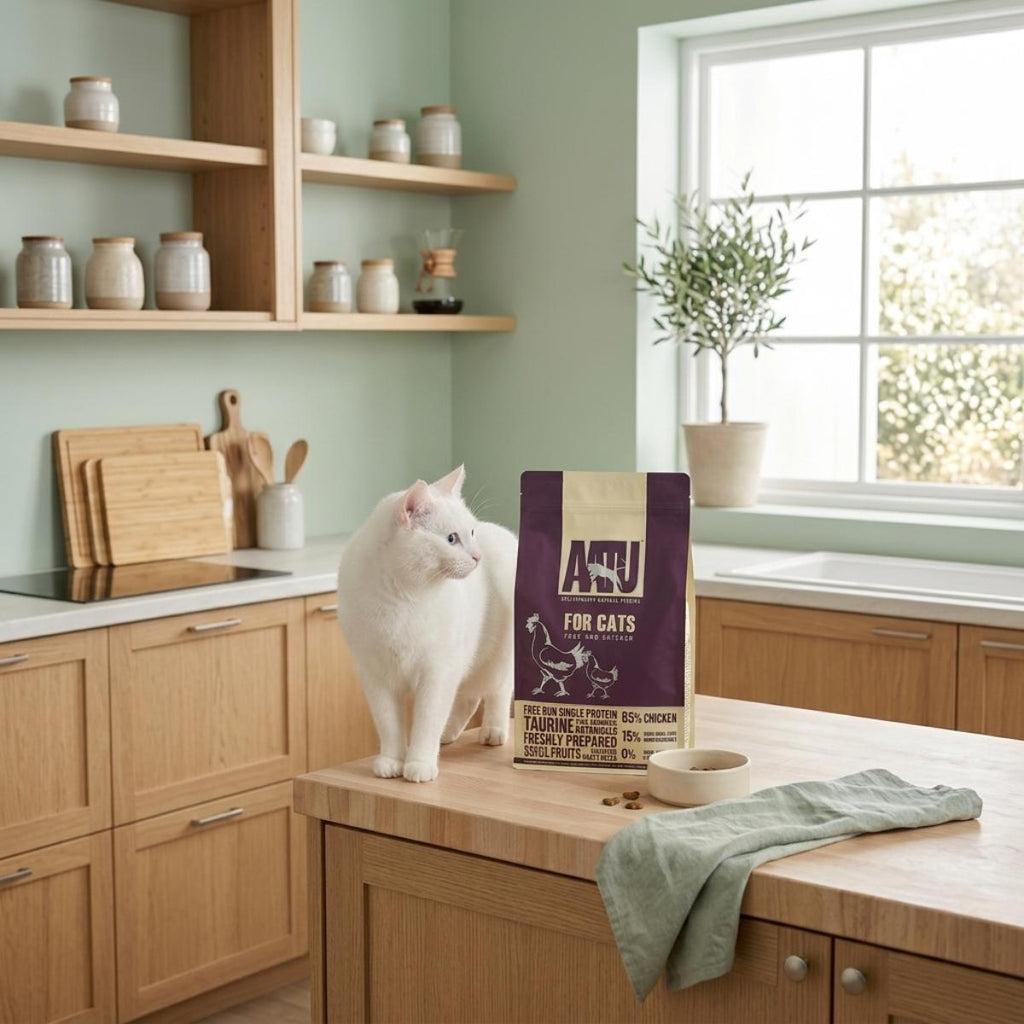 Cat standing on a kitchen counter with a bag of cat food and a bowl.