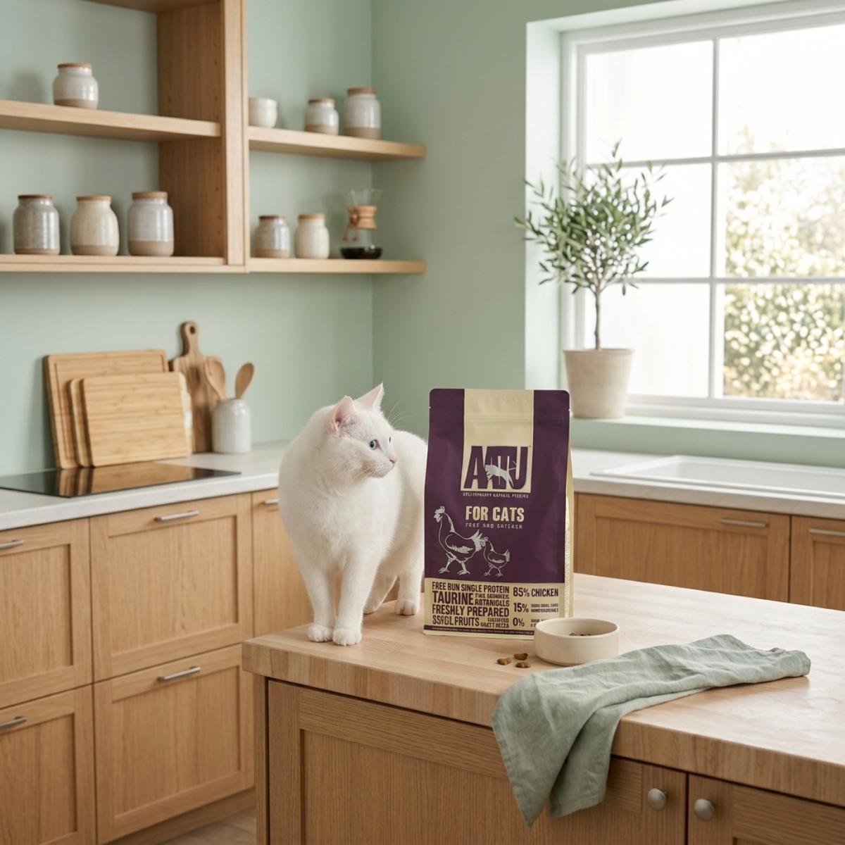 Cat standing on a kitchen counter with a bag of cat food and a bowl.