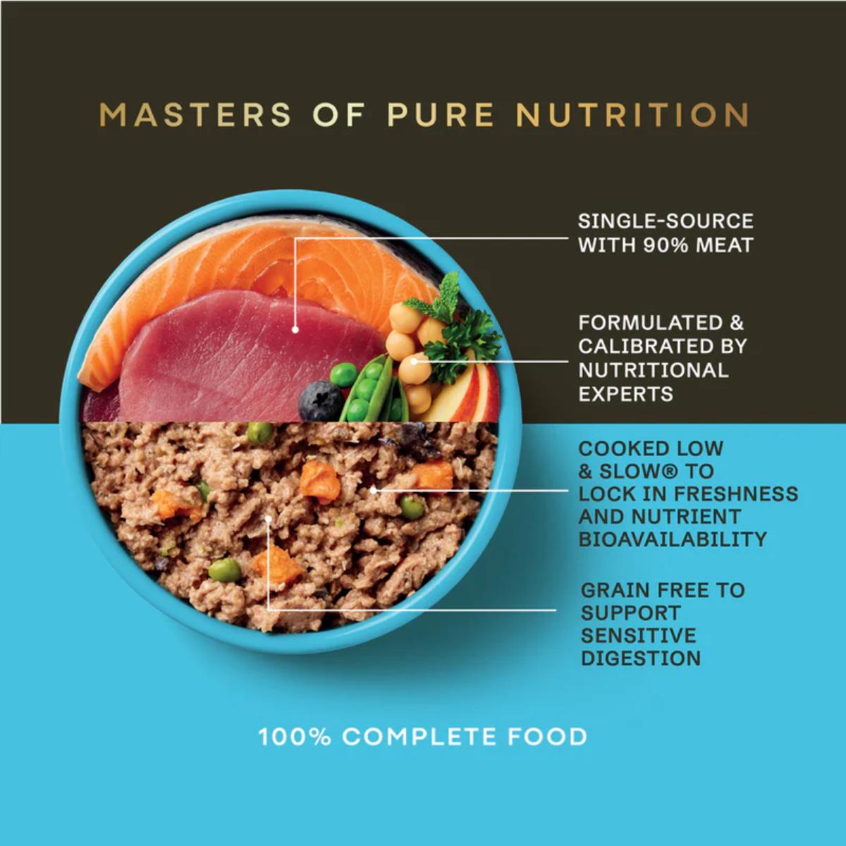Dog food bowl with different food types and text highlighting features on a blue and brown background