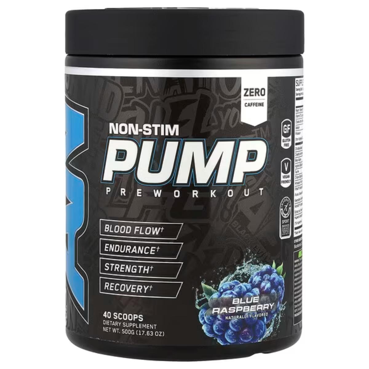 ABE Non-Stim Pump Pre-Workout Blue Raspberry tub for caffeine-free energy and muscle pump
