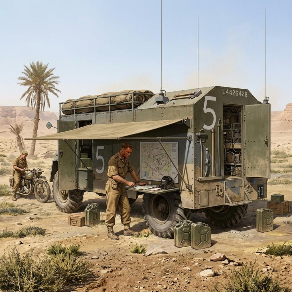 A military armored vehicle in a desert setting with two soldiers around it, one standing by an open side panel reading a map and one sitting on a motorcycle. Palm trees and rocky terrain are visible in the background.