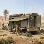 A military armored vehicle in a desert setting with two soldiers around it, one standing by an open side panel reading a map and one sitting on a motorcycle. Palm trees and rocky terrain are visible in the background.