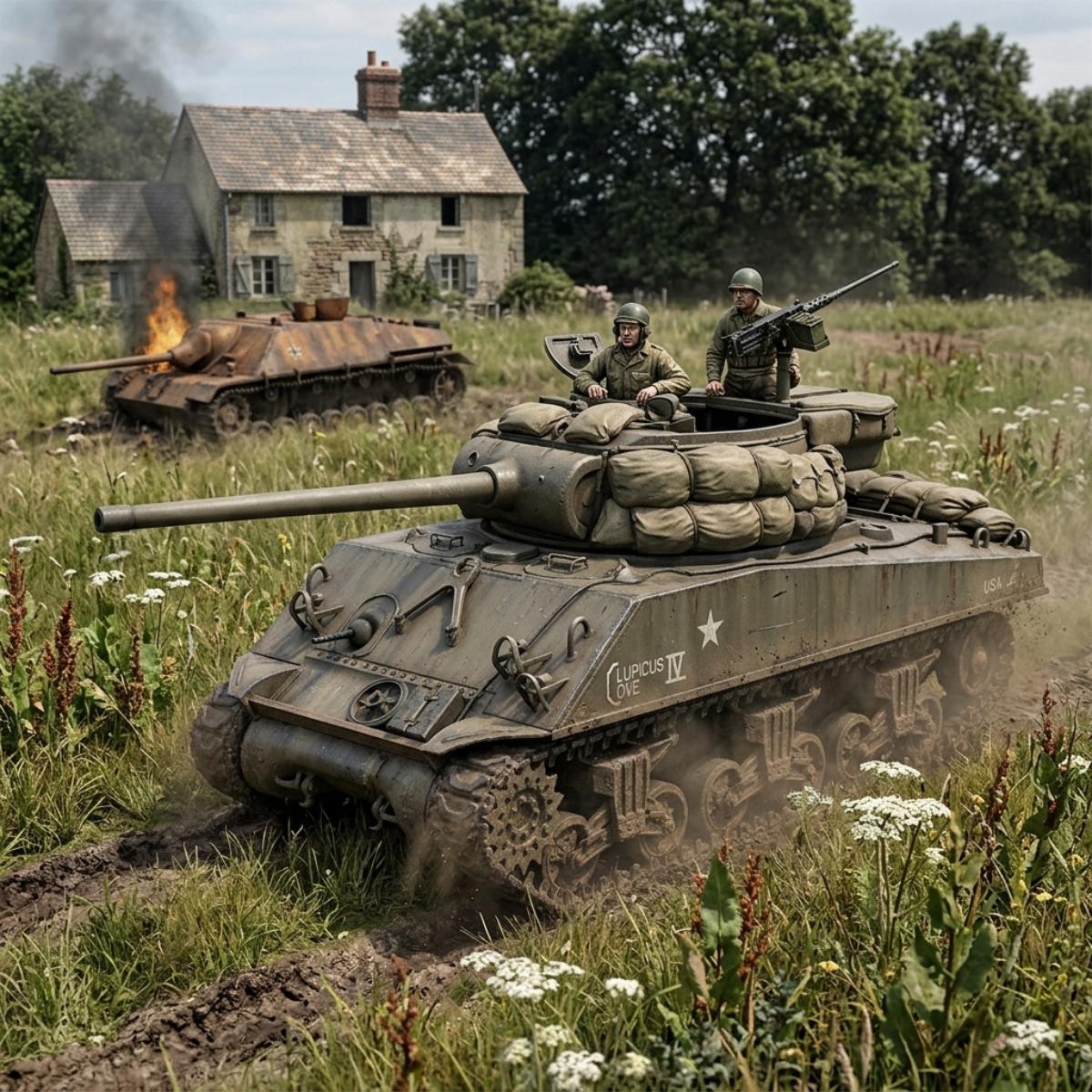 A military tank drives through tall grass in a field, with soldiers visible on top of the turret. Another damaged tank and a weathered house appear in the background.