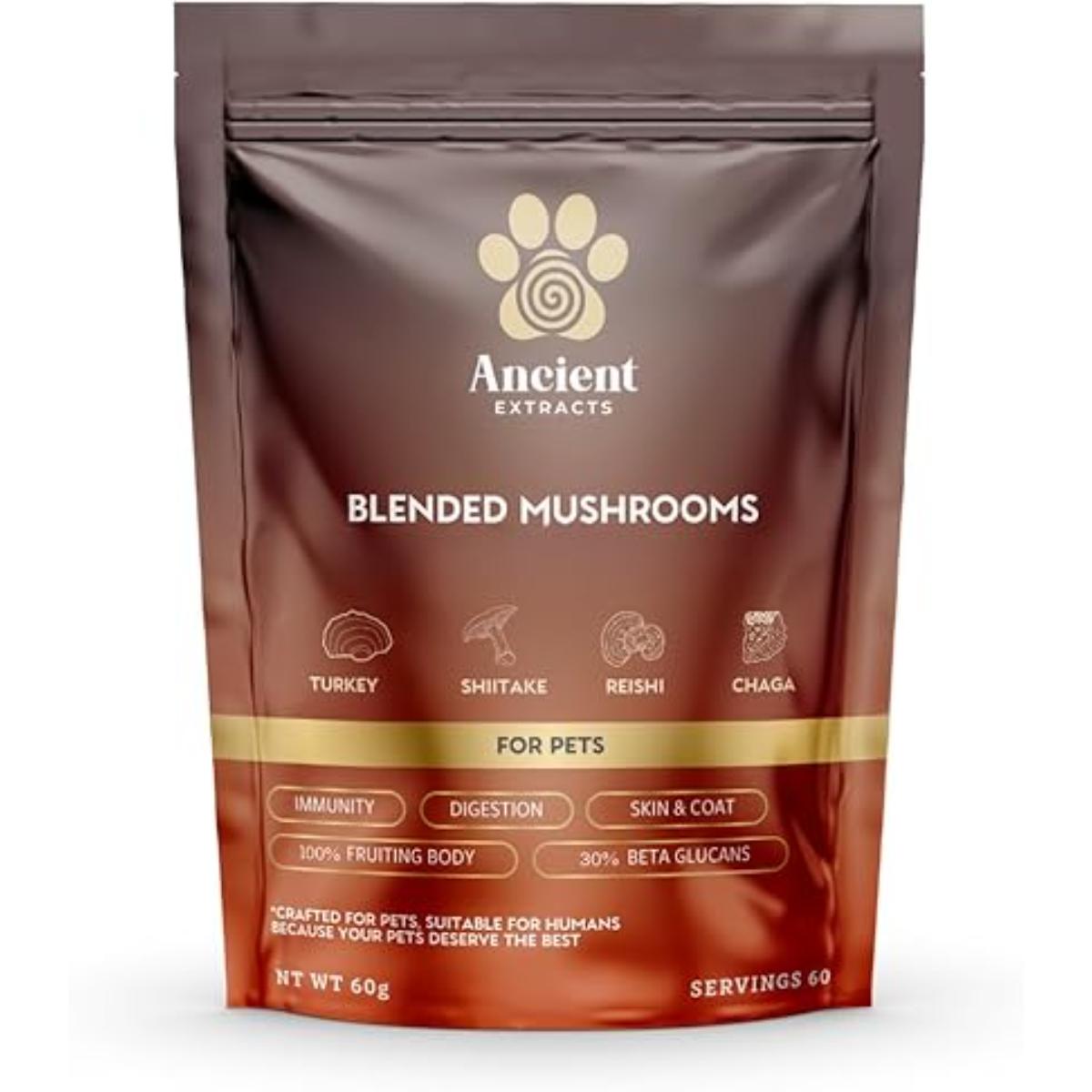 Ancient Extracts Blended Mushroom Extract for Dogs and Cats – Organic Turkey Tail, Shiitake, Reishi, Chaga Supplement