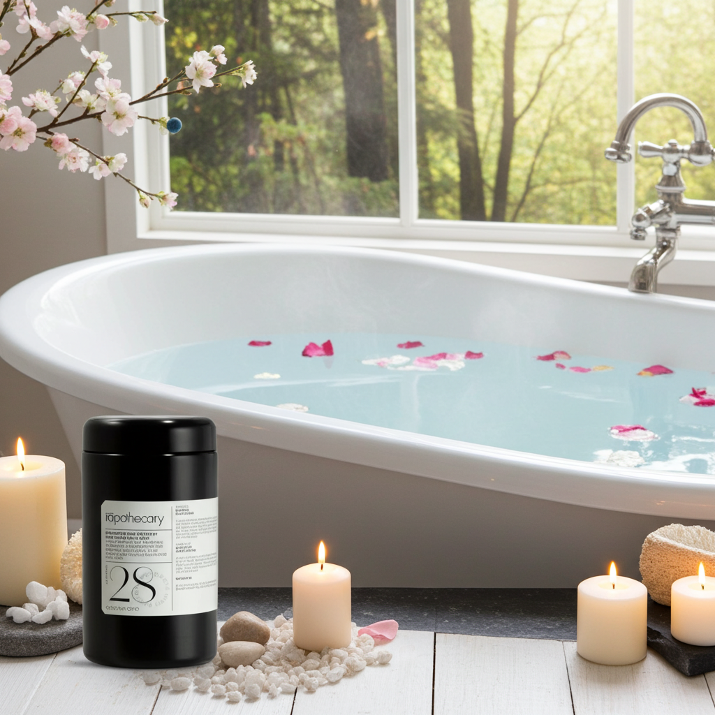 ila Apothecary product next to a bathtub with floating flower petals, candles and stones, creating a calming spa‑like atmosphere.