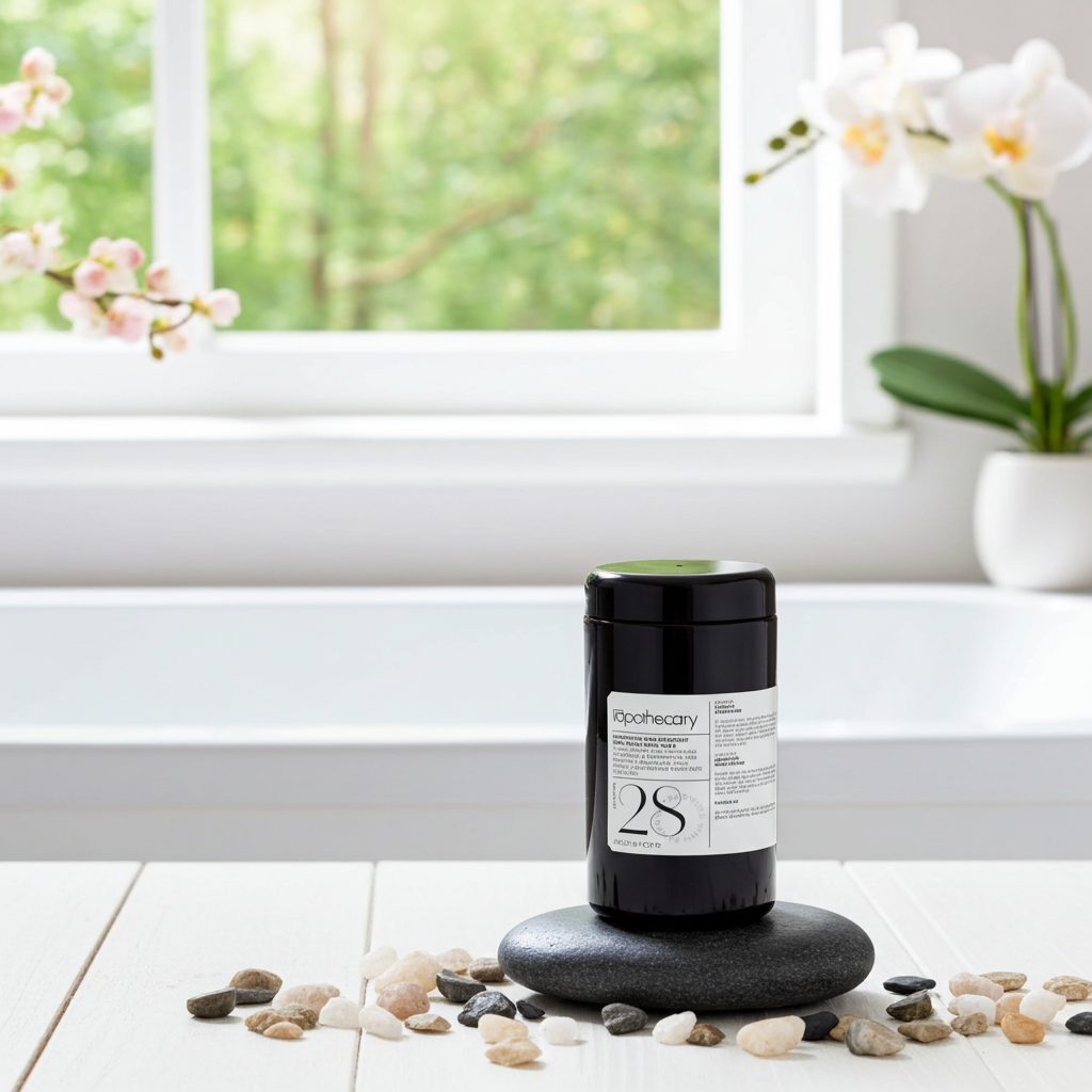 ila Apothecary bath soak positioned on smooth black stones with scattered pebbles and soft natural light from a window with orchids.