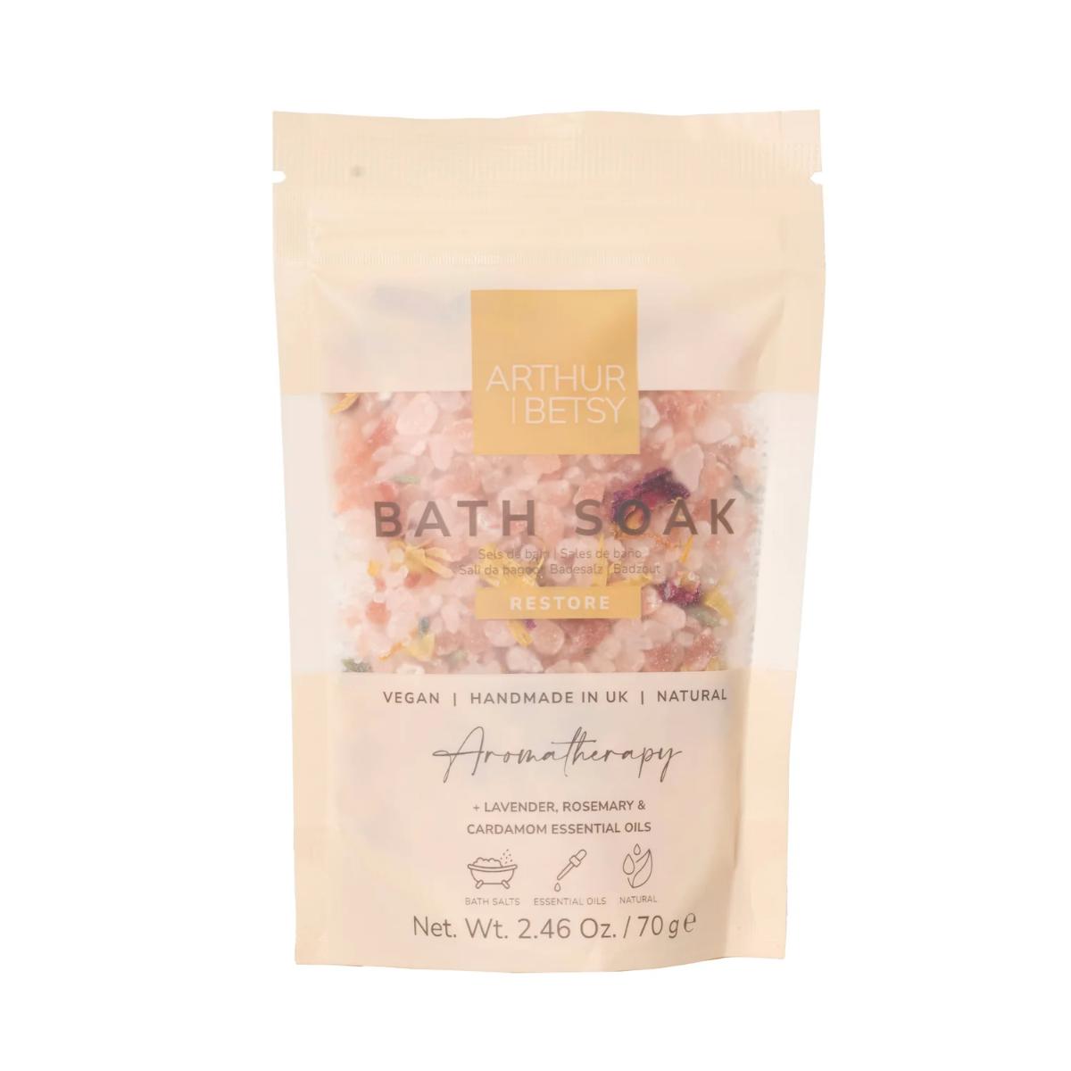 Aromatherapy Restore bath salts in luxury bag packaging, mineral-rich relaxation bath soak