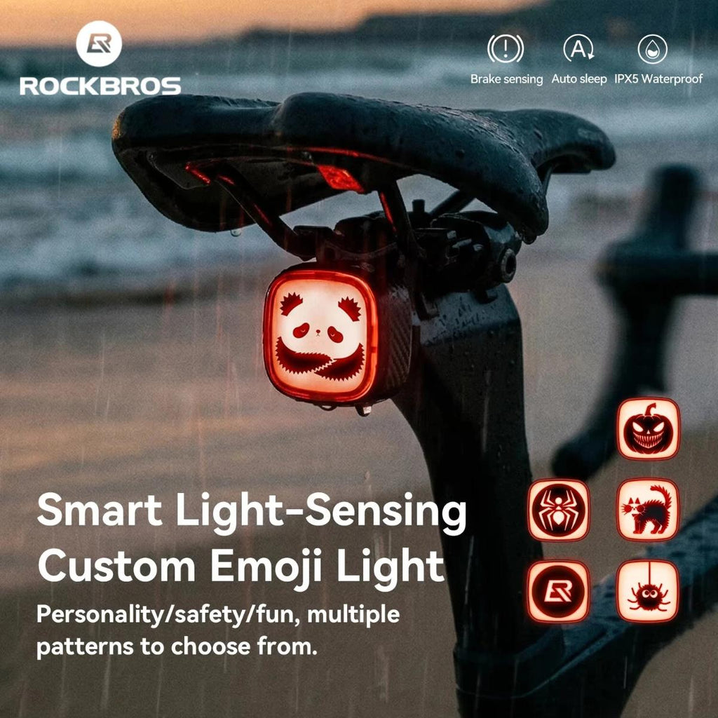 Smart light-sensing custom emoji light on a scooter with RockBros branding.