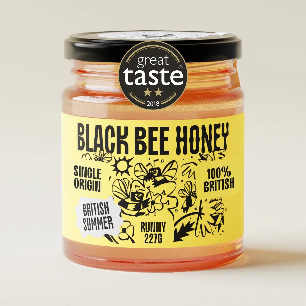 Black Bee Honey Raw British Runny Summer Honey 227g jar – light golden wildflower UK honey