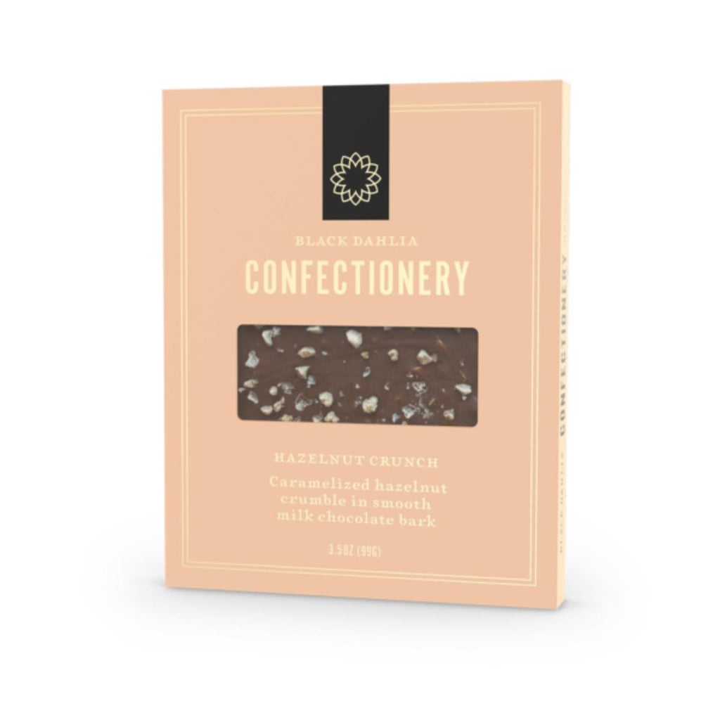 Black Dahlia hazelnut crunch chocolate bark with milk chocolate and caramelized hazelnut praline