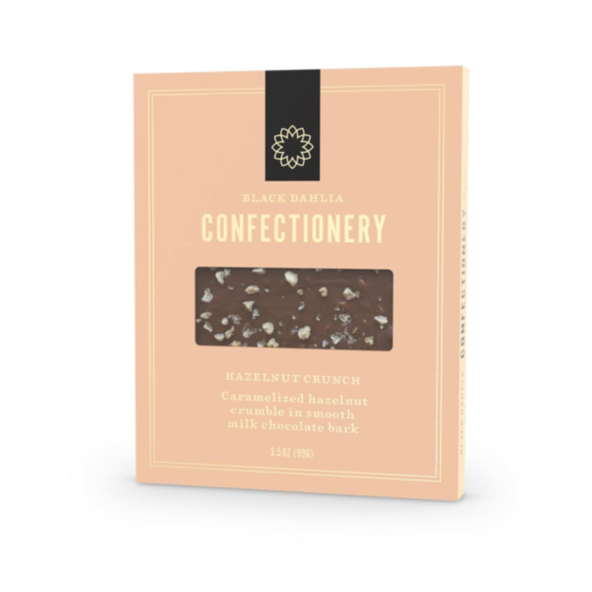 Black Dahlia hazelnut crunch chocolate bark with milk chocolate and caramelized hazelnut praline