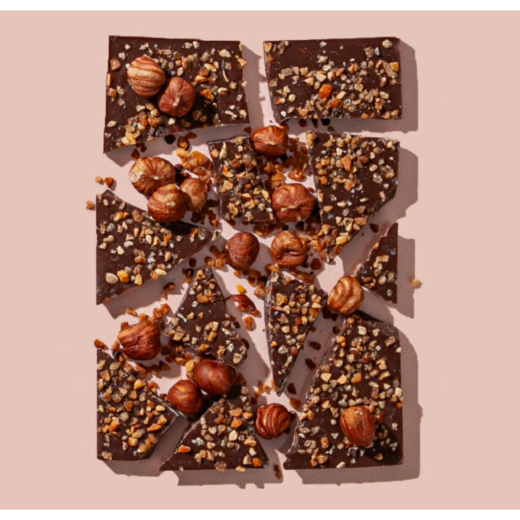 Black Dahlia hazelnut crunch chocolate bark with milk chocolate and caramelized hazelnut praline