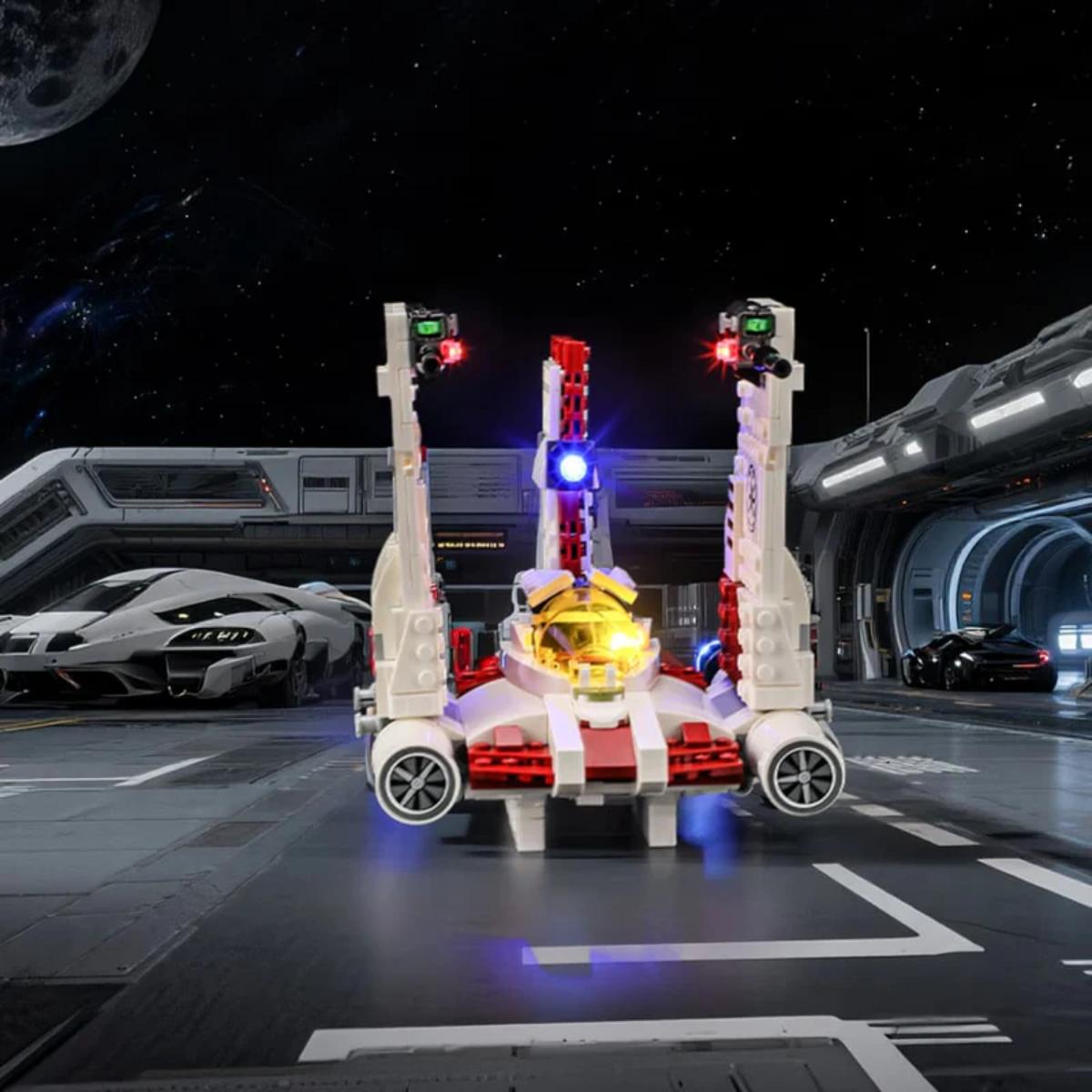 BriksMax LED light kit highlighting the glowing cockpit of V-19 Torrent Starfighter