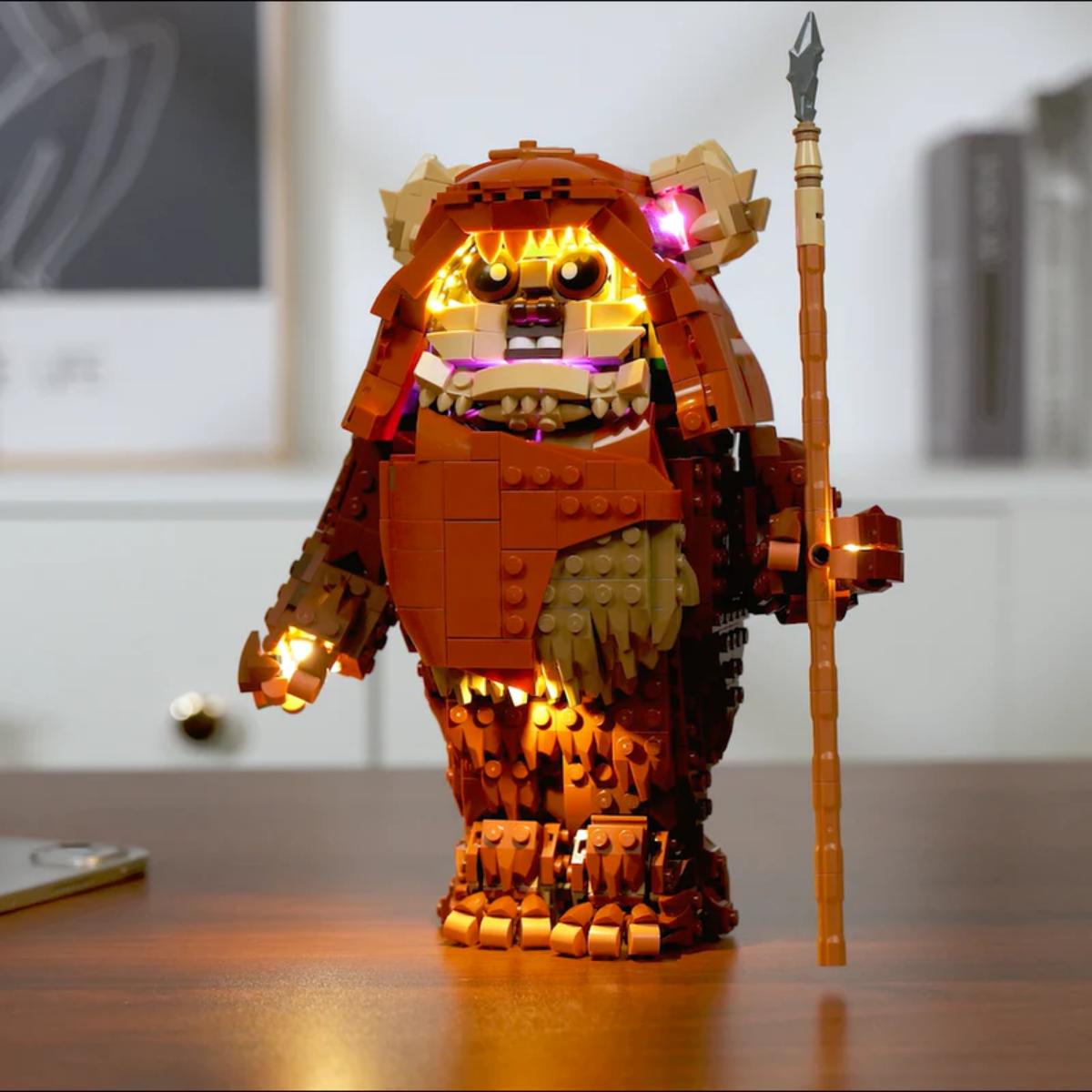 BriksMax LED light kit illuminating Wicket the Ewok LEGO minifigure